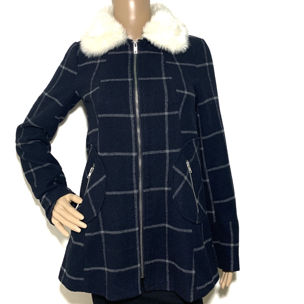CoffeeShop A Line Plaid Peacoat Faux Fur Collar - Picture 1 of 6